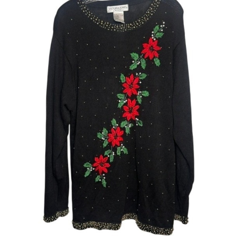 VTG Victoria Jones Embroidered Beaded Poinsettia Christmas Grandma Sweater 1X